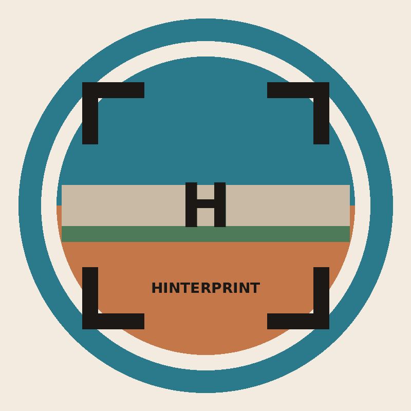 Circular HinterPrint Studio mark. A teal ring frames a letter H over bands of taupe, moss, and clay, with the word HinterPrint below.