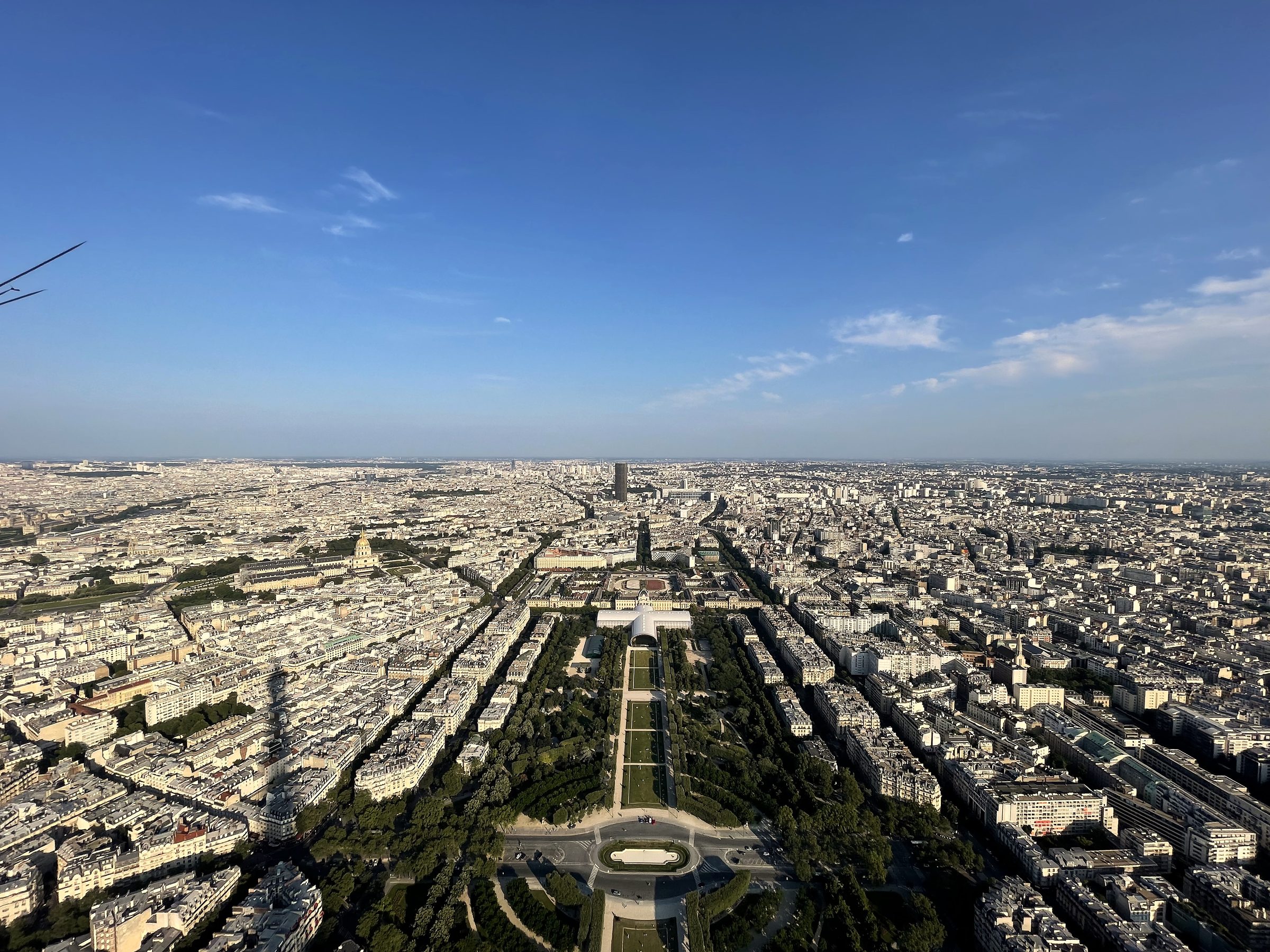 Aerial Champ de Mars parkway with tower shadow on the green.
