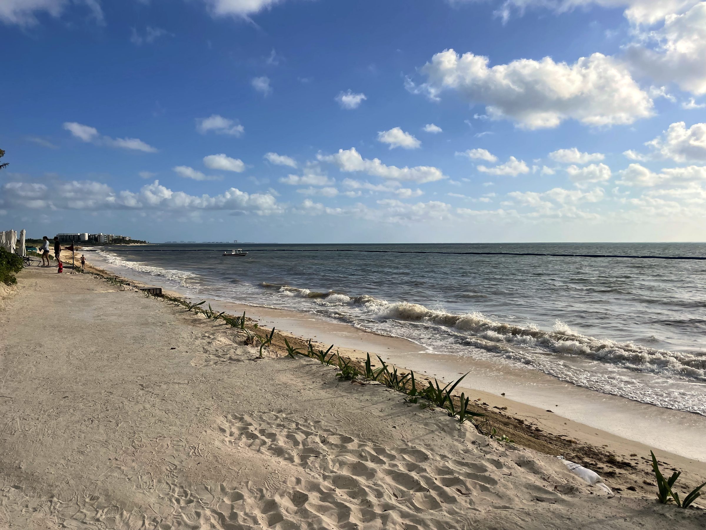 Wide bright beach with footprints aiming at distant palms.