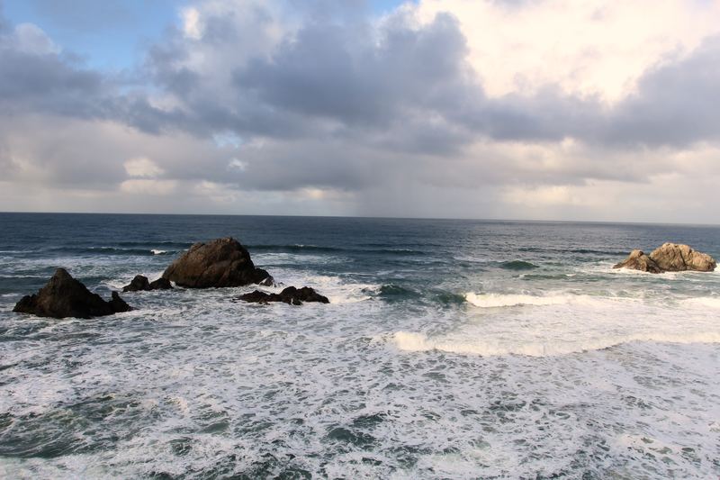 White foam crashing around dark sea stacks under cloudy sky.